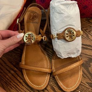 Tory Burch Mira 70MM Tumbled Tan Leather Sandal Heel